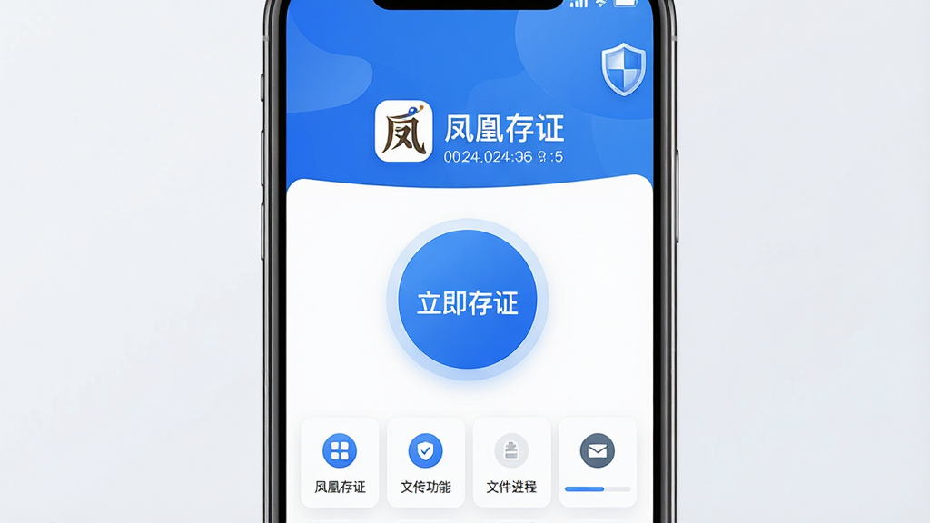 主体为一部智能手机屏幕显示凤凰存证APP的首页界面,布局采用居中构图,上方为软件Logo与名称“凤凰存证”,中部为醒目的“立即存证”圆形按钮,底部为功能图标列表;排版简洁清晰,风格为现代科技蓝白配色,细节包括时间戳水印、盾牌安全图标、文件上传进度条;画质高清,干净,无多余元素。