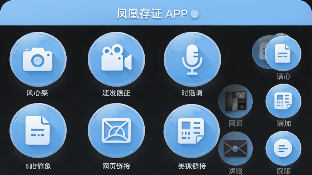 主体为凤凰存证APP的功能选择面板,布局为网格状排列的圆形图标,包含相机、录像机、麦克风、文档、网页链接等图标,每个图标下方标注功能名称;排版清晰明了,风格为扁平化轻量设计,配色以浅蓝和白色为主,细节包括图标的高光质感与阴影层次;画质高清,干净,无多余元素。
