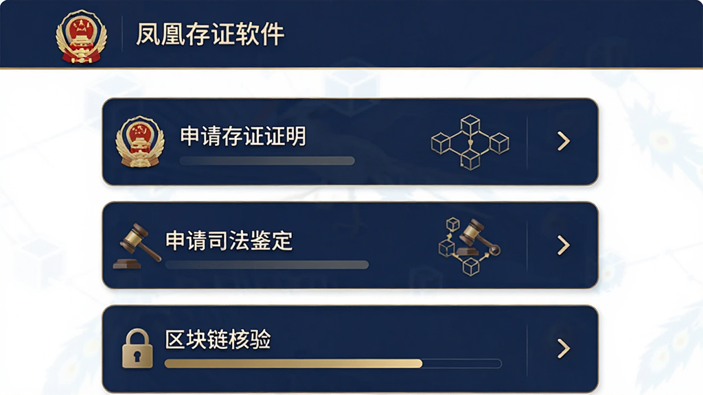 主体为凤凰存证软件的司法出证申请页面,布局为纵向卡片式列表,展示“申请存证证明”“申请司法鉴定”“区块链核验”等选项,右侧配有向右箭头;排版规范,风格为官方可信的藏青色与金色搭配,细节包括司法机构徽标、区块链节点连接示意图、进度状态条;画质高清,干净,无多余元素。