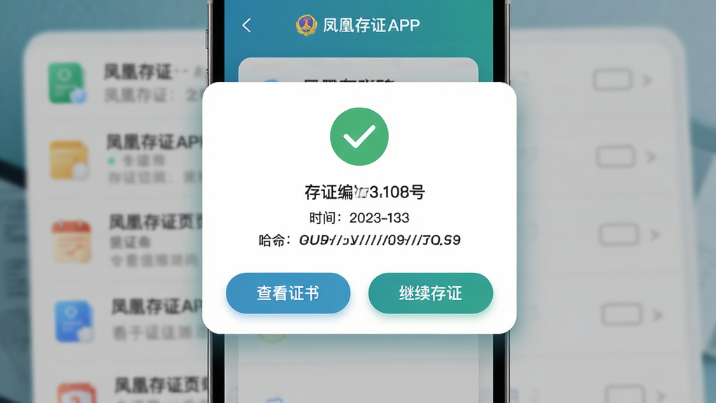 主体为手机屏幕显示凤凰存证APP的存证成功页面,布局为中心弹出卡片,卡片内包含绿色对勾图标、存证编号、时间戳、哈希值缩写,底部为“查看证书”与“继续存证”两个按钮;排版醒目,风格为清新信任的蓝绿色调,细节包括卡片阴影、按钮圆角、背景虚化的文件列表;画质高清,干净,无多余元素。