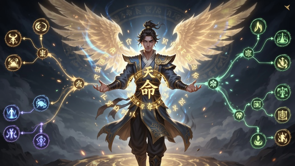 画面中心是一位觉醒状态的行者,身体周围环绕金色符文与天命之力,背后展开巨大的光翼;左右两侧分别展示两条不同的觉醒技能树分支,用发光线条连接;布局采用左右对称,主体居中;风格为玄幻游戏UI概念图,细节清晰,画质高清,干净无多余元素。