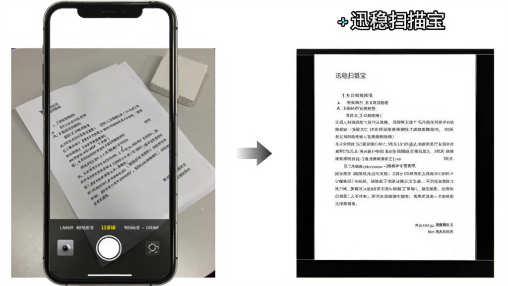 一张横向对比展示图,左侧为普通手机拍摄的倾斜文档照片,右侧为“迅稳扫描宝”处理后的正视角高清扫描件,画面中间用箭头连接,背景为干净白色,风格为极简产品功能对比图,细节清晰,画质干净,无多余元素
