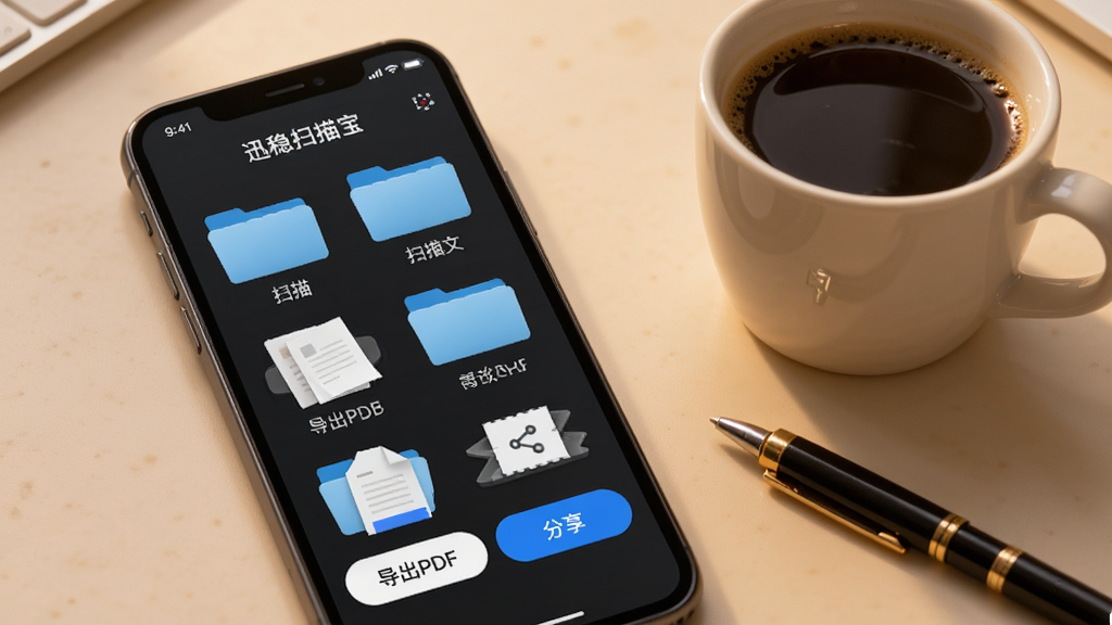 画面展示“迅稳扫描宝”的应用界面,屏幕中排列着多个扫描文件夹和文档缩略图,下方有“导出PDF”和“分享”按钮,手机旁边放着一杯咖啡和一支笔,背景为柔和暖色桌面,风格为生活化效率工具场景图,细节清晰,画质干净,无多余元素