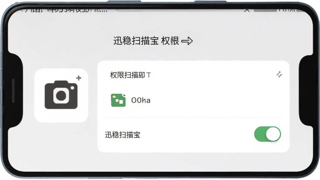 一部安卓手机屏幕显示“迅稳扫描宝”的权限设置页面,旁边有相机图标、存储图标和权限开关,背景为浅灰色,风格为简洁的手机操作指引图,细节清晰,画质干净,无多余元素