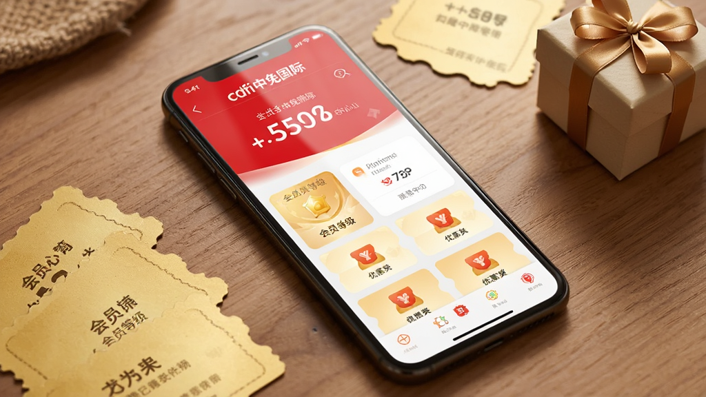 AI生图,主体为一部手机屏幕显示cdfi中免国际APP的会员中心页面,页面中有积分数字、会员等级卡片、优惠券图标等,布局为手机斜放在木质桌面上,旁边散落着几张金色优惠券和一个小礼盒,风格为温馨生活化场景,细节包括屏幕反光自然,画质高清,干净无多余元素,画面中文字需包含“cdfi中免国际”。