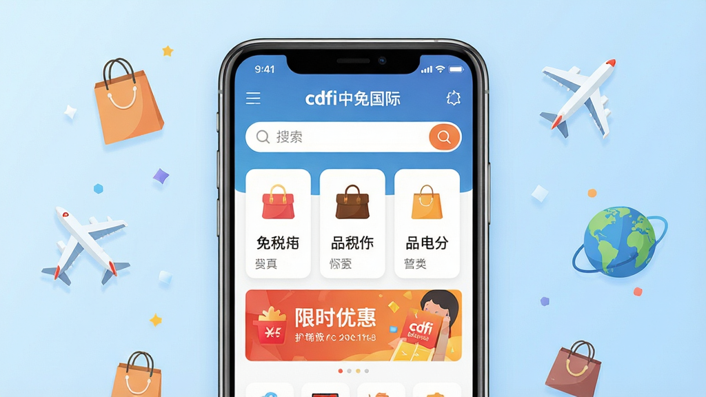 软件全貌展示图,主体为一部智能手机,屏幕上显示着cdfi中免国际APP的首页界面,界面中包含免税商品分类图标、搜索栏、限时优惠横幅等元素。布局上手机居中,背景为浅蓝色渐变,周围有精致的购物袋、飞机、地球等小图标点缀。风格为现代扁平化UI设计,细节清晰,色彩明亮柔和,画质高清,干净无多余元素,画面中文字需包含“cdfi中免国际”字样。