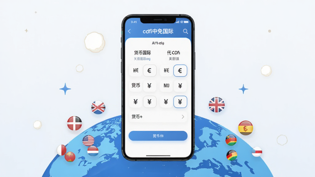 AI生图,主体为一部手机屏幕显示cdfi中免国际APP的语言与货币设置界面,界面中有中文、英文、货币符号等选项,布局为手机悬浮在地球图案上方,地球上有不同国家的国旗小图标,风格为科技感扁平插画,细节包括屏幕文字“cdfi中免国际”和货币符号清晰,画质高清,干净无多余元素。