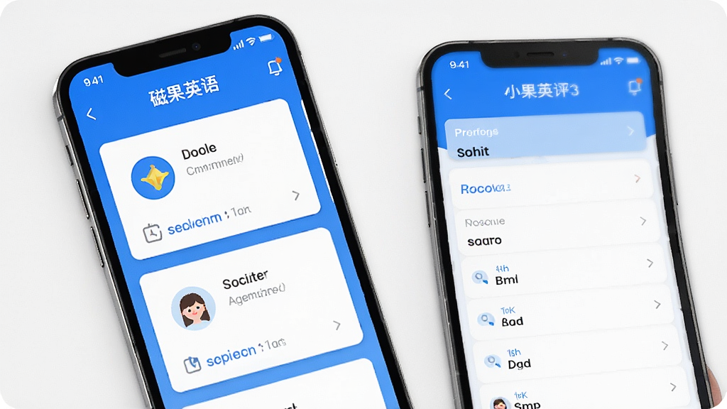 磁果英语软件主界面展示,手机屏幕中显示英语学习卡片和单词列表,布局简洁清晰,采用扁平化设计风格,配色以蓝白为主,画面干净明亮,细节精致,4K画质,无多余元素