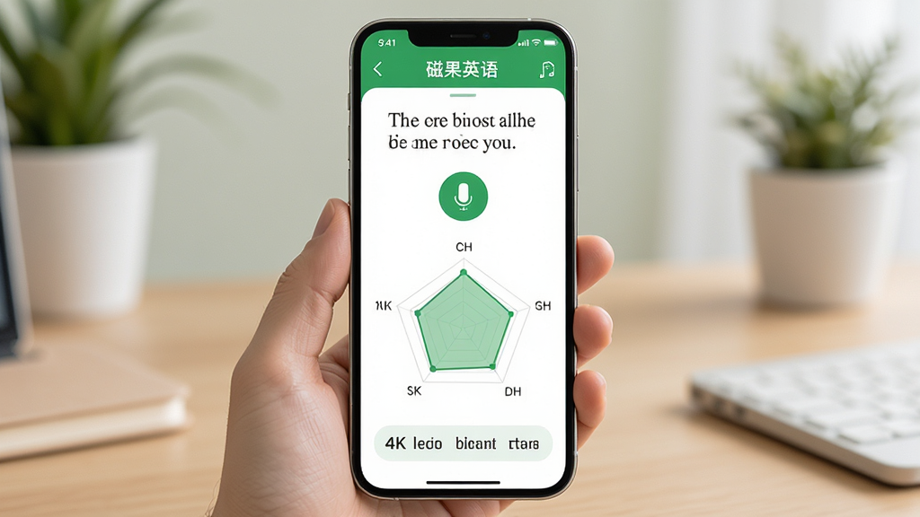 磁果英语口语跟读评分界面,手机屏幕显示一段英文句子和录音按钮,下方有评分雷达图和发音标注,界面配色清新,以绿色和白色为主,风格简约现代,4K画质