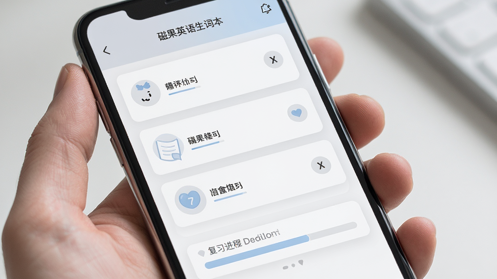 磁果英语生词本界面,手机屏幕显示单词列表和复习进度条,界面采用卡片式布局,配色柔和,有浅灰色和淡蓝色搭配,干净清爽,画质细腻