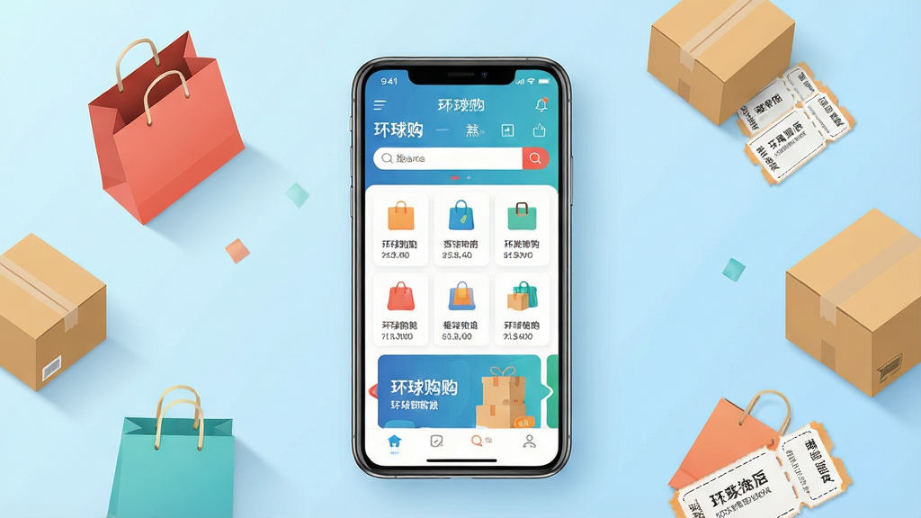 一张展示环球购手机应用界面的场景图,画面中央是一部竖屏智能手机,手机屏幕上显示着环球购APP的首页,包含商品分类图标、搜索栏和轮播促销横幅,背景是柔和的浅蓝色渐变,周围散落着购物袋、纸箱和优惠券等电商元素,整体风格现代简洁,色彩明亮清新,布局居中对称,细节丰富,画质高清,干净无多余元素