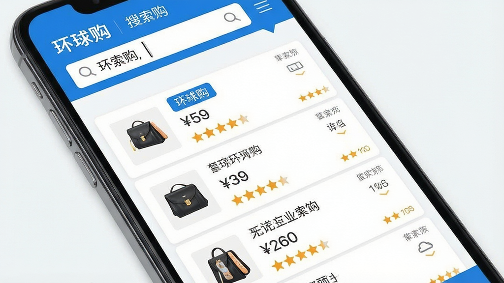一张展示环球购智能搜索比价功能的界面截图风格图片,画面主体为手机屏幕,屏幕上显示搜索栏输入了商品关键词,下方列出多个店铺的商品报价对比列表,包含价格标签和星级评价,布局为垂直列表式,风格简洁商务,配色以白色和蓝色为主,细节清晰,画质高清,干净无多余元素,图片中文字标注“环球购”