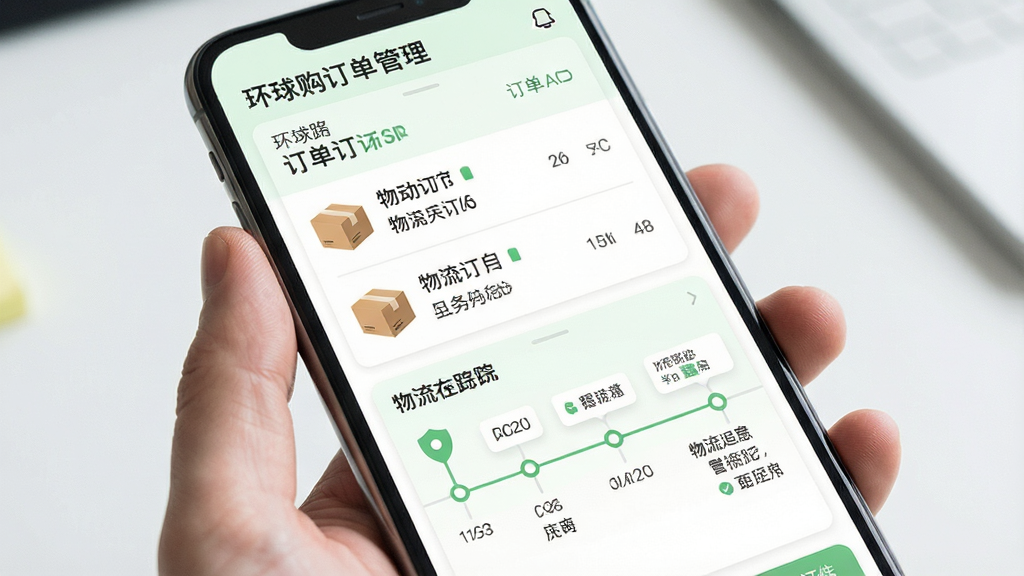 一张展示环球购订单管理与物流追踪功能的图片,画面主体为手机屏幕,屏幕上显示订单列表和物流轨迹时间轴,包含包裹图标和配送状态文字,布局为上下结构,风格简约商务,配色以白色和浅绿色为主,细节清晰,画质高清,干净无多余元素