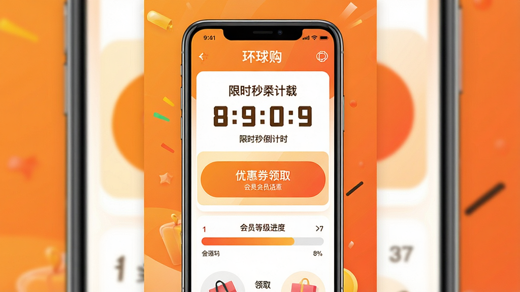 一张展示环球购优惠活动与会员权益页面的图片,画面中央为手机屏幕,屏幕上显示限时秒杀倒计时、优惠券领取按钮和会员等级进度条,背景为暖橙色渐变,风格活泼明快,布局紧凑有序,细节丰富,画质高清,干净无多余元素,图片中文字标注“环球购”