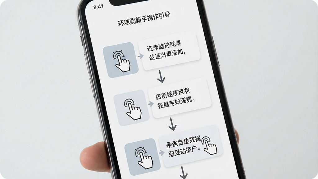 一张展示环球购新手操作引导页面的图片,画面主体为手机屏幕,屏幕上显示分步操作指引,包含手指点击图标、箭头指示和文字说明框,背景为浅灰色,风格素雅极简,布局清晰,细节丰富,画质高清,干净无多余元素