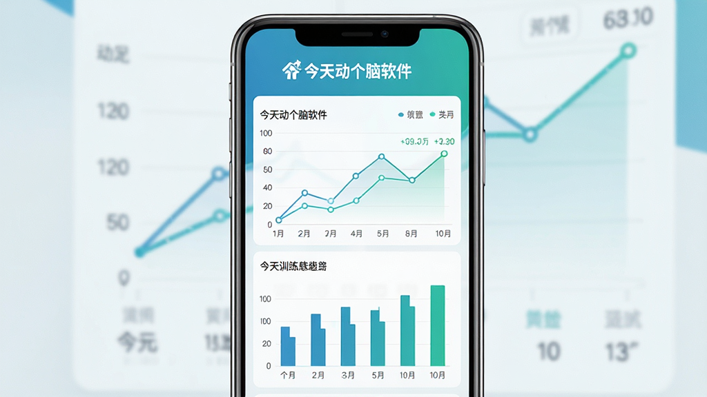 一张展示今天动个脑软件训练成绩统计页面的手机界面效果图,画面中央一部手机竖屏显示,屏幕内呈现折线图和柱状图组合的数据面板,图表上方有今天动个脑软件名称标识,配色以蓝绿色调为主,背景干净整洁,排版清晰易读,风格偏向数据可视化展示,画质高清,无多余装饰元素,用于说明今天动个脑的进度追踪功能