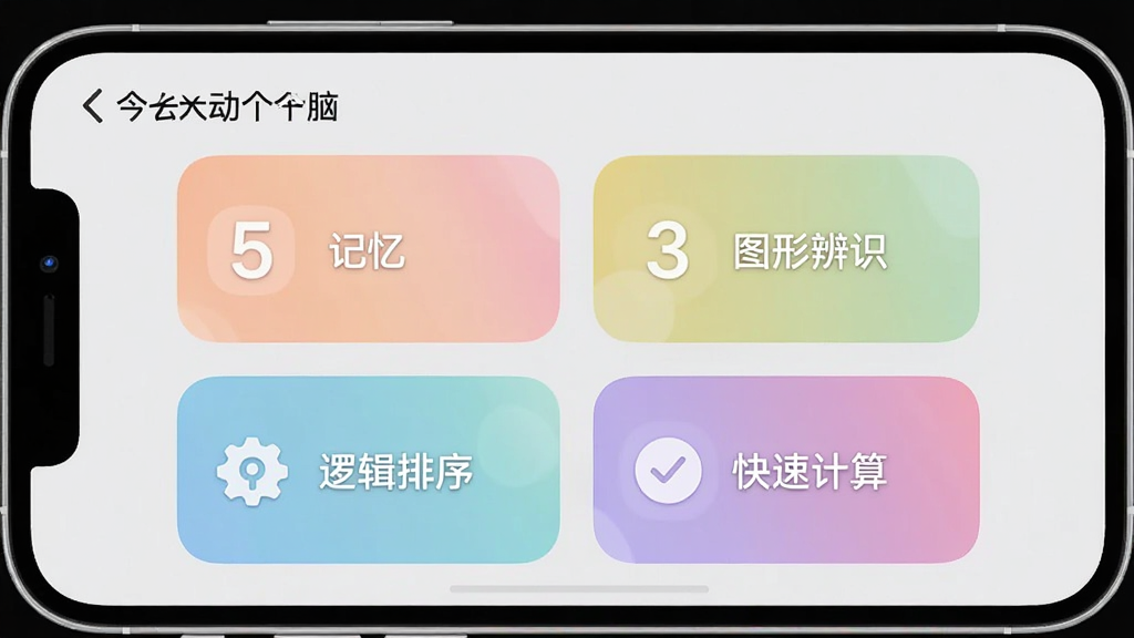一张展示今天动个脑软件内多个脑力挑战模块入口的界面截图风格图片,画面中一部手机横向摆放,屏幕内呈现四个彩色卡片式功能入口分别标注数字记忆图形辨识逻辑排序快速计算字样,卡片采用圆角设计配色柔和,背景为浅灰色,整体排版整齐有序,风格简约现代,画质清晰干净,无多余元素干扰,用于展示今天动个脑的核心功能模块布局
