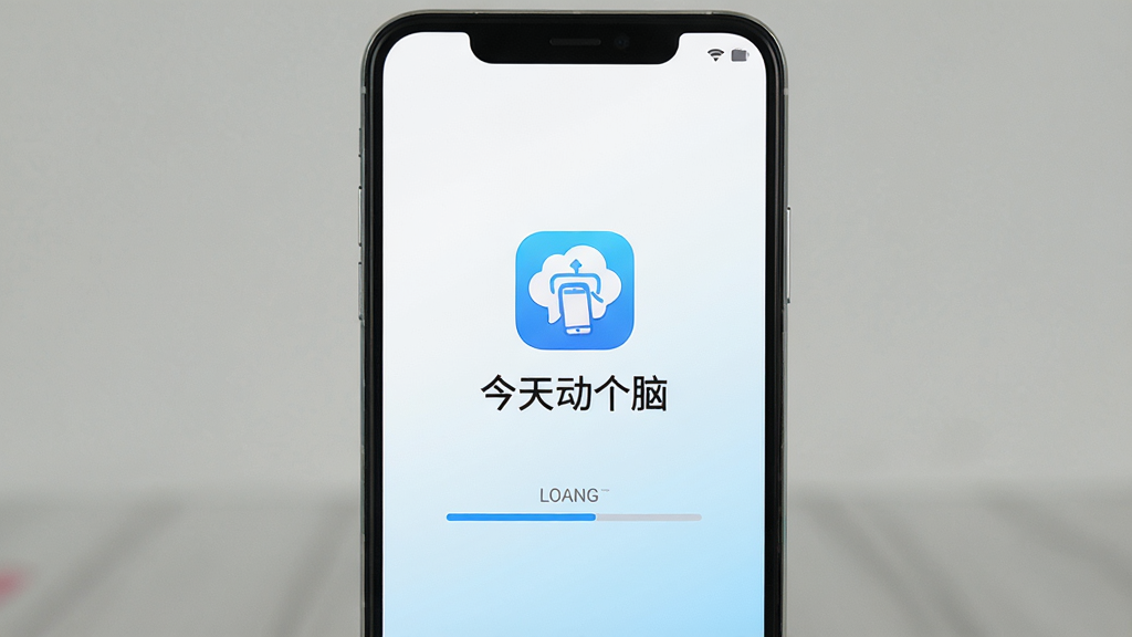 一张展示今天动个脑软件在安卓手机上安装完成后首次打开界面的效果图,画面中一部手机竖直放置,屏幕显示今天动个脑的启动页,页面中央有软件图标和名称文字,下方有加载进度条,背景为简洁的白色到浅蓝色渐变,整体风格干净清爽,排版居中,画质清晰,无多余元素,用于说明安装后的首次启动流程