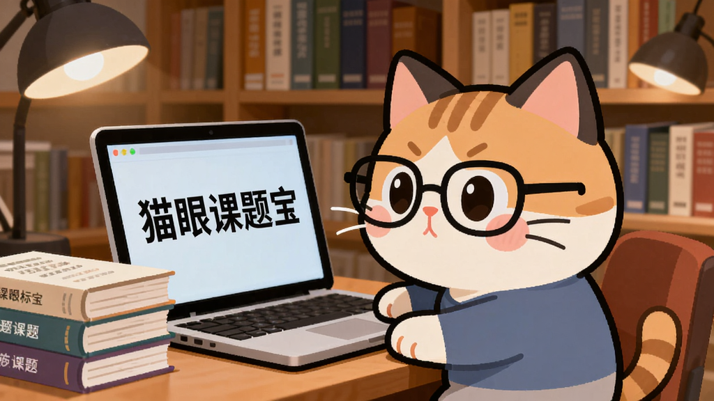一只可爱的卡通猫咪坐在书桌前,面前摆放着一台笔记本电脑和一摞课题标书文件,猫咪戴着眼镜认真地看着屏幕,屏幕上显示“猫眼课题宝”几个字,背景是温馨的书房环境,书架上有序排列着各类学术书籍,暖色调灯光,扁平插画风格,画面干净整洁,主体突出,无多余元素,高清画质