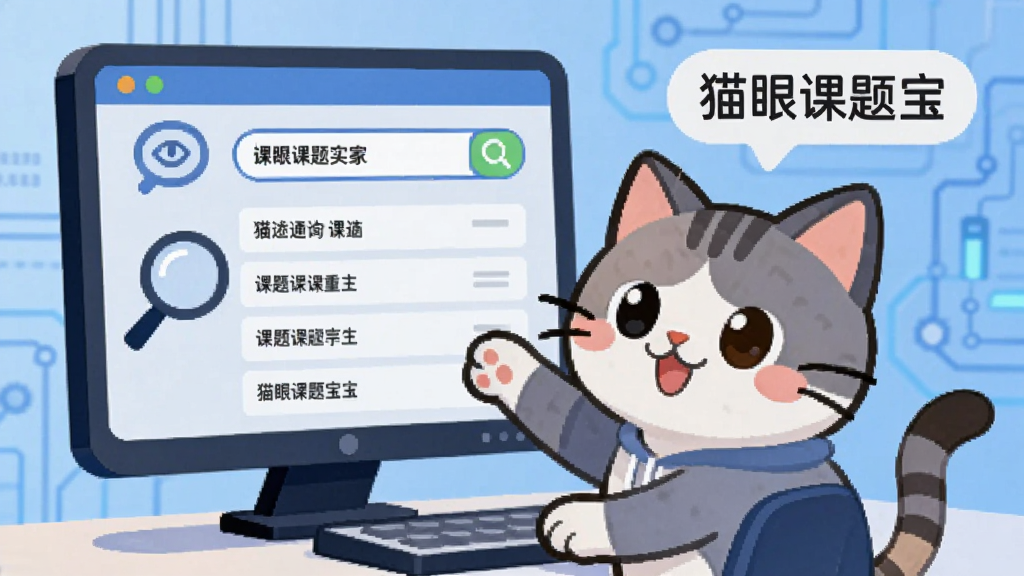 一只卡通猫咪坐在电脑前,屏幕上显示着课题查询界面,界面中有放大镜图标和多个课题条目列表,猫咪用爪子指着屏幕上的关键词搜索框,旁边飘着“猫眼课题宝”的文字标签,背景是简洁的蓝色科技风格,扁平化设计,画面干净,高清画质