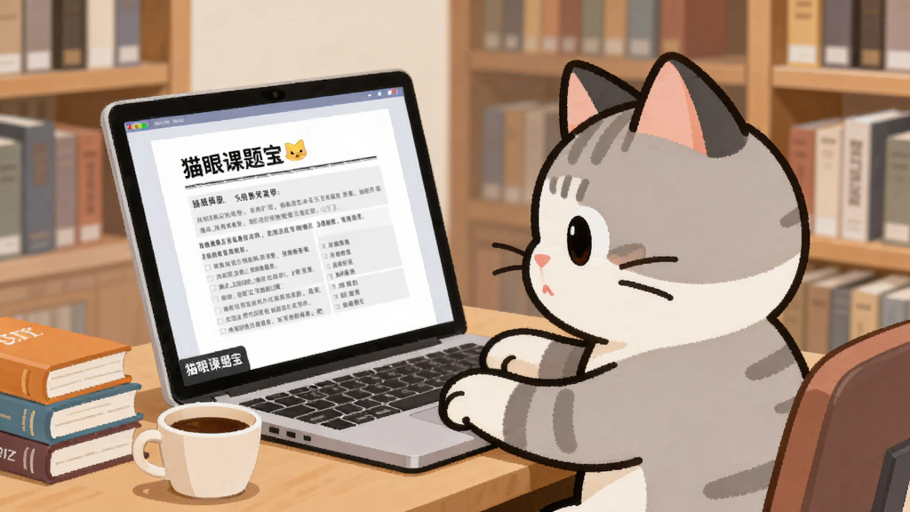 卡通猫咪坐在书桌前用笔记本电脑打字,屏幕上显示标书文档模板,文档中有清晰的段落标题和填写提示,猫咪表情专注,桌上放着一杯咖啡和几本参考书,背景是安静的图书馆一角,“猫眼课题宝”字样出现在屏幕角落,扁平插画风格,色调柔和,画面干净,高清画质