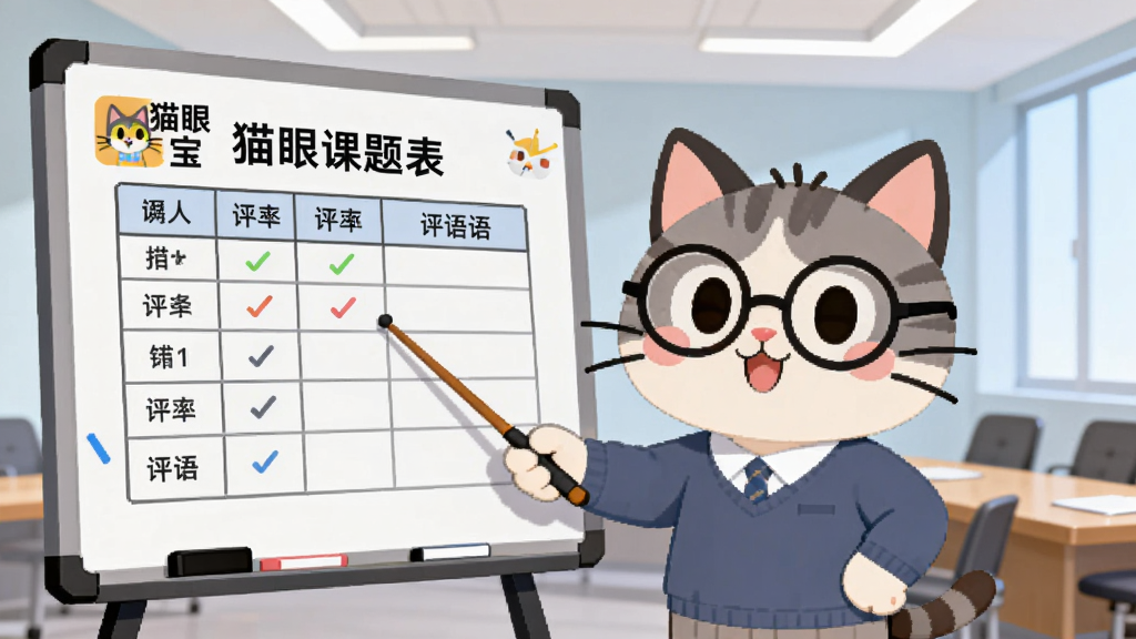 一只戴眼镜的卡通猫咪站在白板前,白板上贴着课题评审表,表格中有评分栏和评语栏,猫咪手持教鞭指向评审表,旁边有“猫眼课题宝”的标识,背景是明亮的会议室环境,扁平化设计风格,画面简洁有序,高清画质