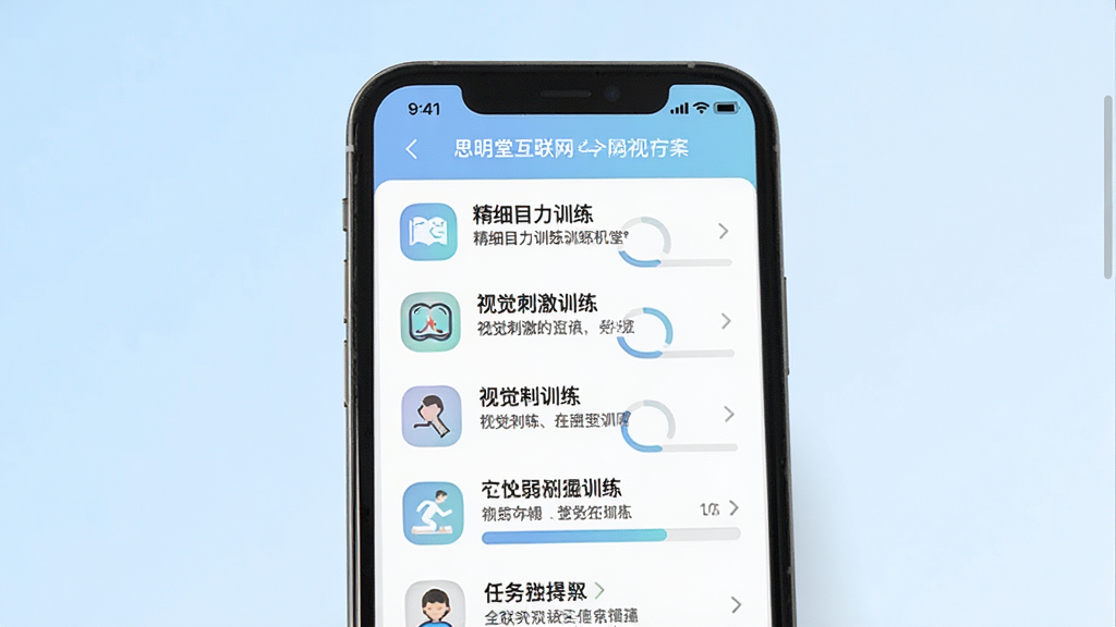 一张展示思明堂互联网个性化弱视训练方案界面的图片,画面主体为手机屏幕,屏幕中显示训练计划列表与进度条,包含精细目力训练、视觉刺激训练等图标,背景为柔和的淡蓝色渐变,风格清新简洁,排版整齐,细节上突出进度完成度与任务提示,画质清晰,干净无多余元素,图中文字标注“思明堂互联网”