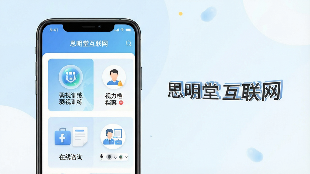 一张展示思明堂互联网软件核心功能的整体界面预览图,画面主体为一部智能手机,屏幕中清晰展示软件首页布局,包含弱视训练入口、视力档案、在线咨询等模块,背景为清新淡雅的蓝白色调,整体风格简洁专业,排版层次分明,细节上突出图标与文字的可读性,画质清晰,干净无多余元素,适合作为软件介绍首图,图中文字标注“思明堂互联网”