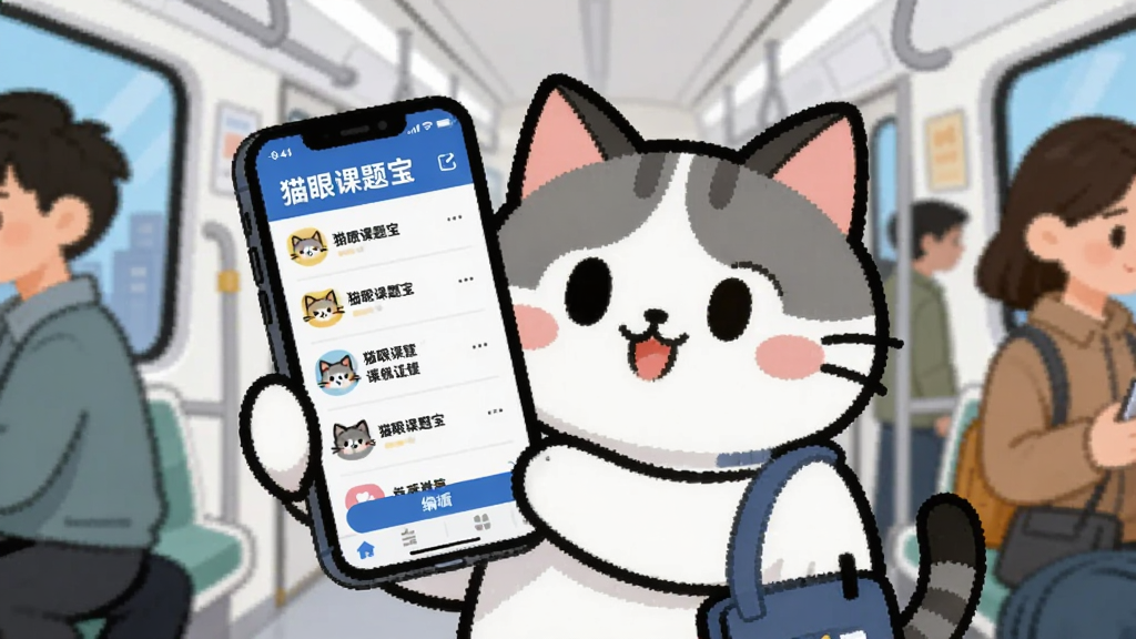 卡通猫咪手持智能手机,手机屏幕上显示“猫眼课题宝”的课题列表和编辑界面,猫咪站在地铁车厢里,周围有其他乘客但画面重点突出猫咪和手机,背景是简洁的城市通勤场景,扁平插画风格,色调清新,画面干净,高清画质