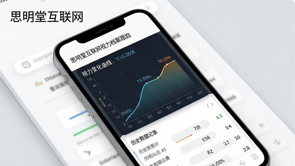 一张展示思明堂互联网视力档案跟踪功能的图片,画面主体为手机屏幕,屏幕中显示视力变化曲线图与历史数据记录,背景为白色与浅灰色搭配,风格简约商务,排版清晰,细节上突出曲线走势与数据标注,画质清晰,干净无多余元素,图中文字标注“思明堂互联网”