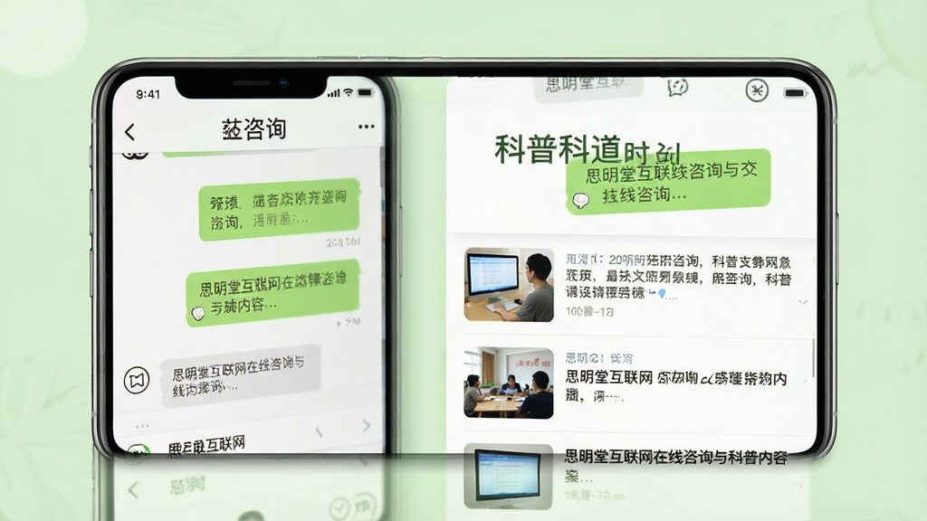 一张展示思明堂互联网在线咨询与科普内容界面的图片,画面主体为手机屏幕,屏幕中显示聊天咨询窗口与科普文章列表,背景为柔和的浅绿色调,风格亲切友好,排版简洁,细节上突出对话气泡与文章缩略图,画质清晰,干净无多余元素,图中文字标注“思明堂互联网”