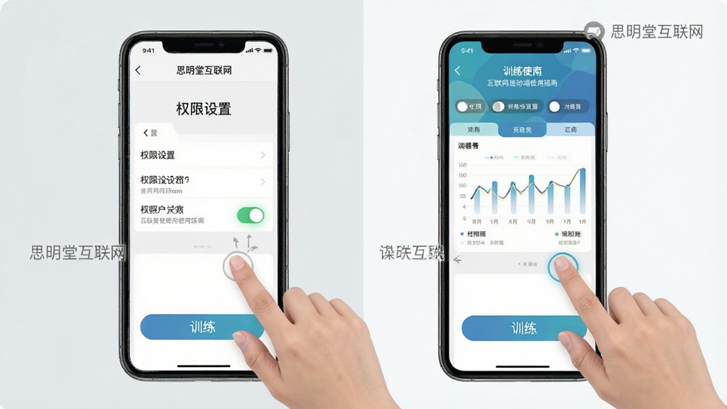 一张展示思明堂互联网移动端使用指南的图片,画面主体为手机屏幕与操作手势示意,屏幕中显示权限设置页面与训练界面切换,背景为浅灰色与白色搭配,风格简洁明了,排版清晰,细节上突出权限开关与训练按钮,画质清晰,干净无多余元素,图中文字标注“思明堂互联网”