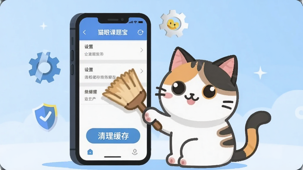 一只卡通猫咪坐在手机屏幕前,手机屏幕上显示“猫眼课题宝”的设置界面和清理缓存按钮,猫咪爪子上拿着一个小扫帚在打扫手机屏幕,屏幕周围有齿轮和盾牌图标,背景是浅蓝色渐变,扁平化设计风格,画面干净整洁,高清画质