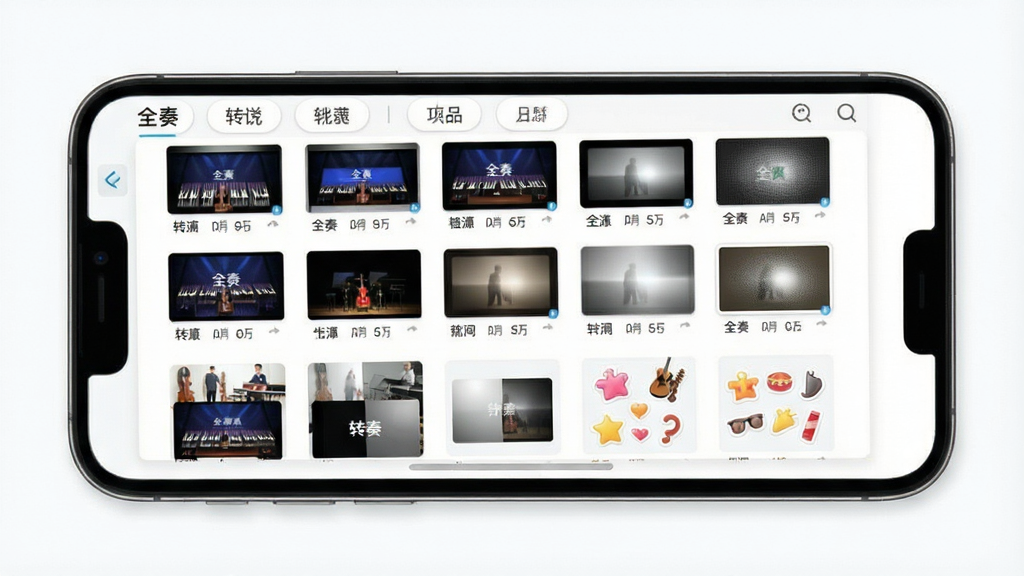 一张展示“全奏”软件素材库界面的图片,手机屏幕中排列着各种转场、滤镜、贴纸的缩略图,分类标签清晰可见,整体风格清新明亮,布局整齐,细节丰富,画质干净,无多余元素
