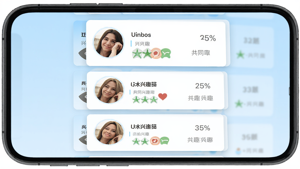 Lesbos软件兴趣匹配功能界面,主体为手机屏幕显示多个用户卡片,每个卡片带有头像、昵称和兴趣标签,布局为纵向滚动列表,风格扁平化设计,细节有匹配度百分比、共同兴趣小图标,画质清晰,干净,无多余元素