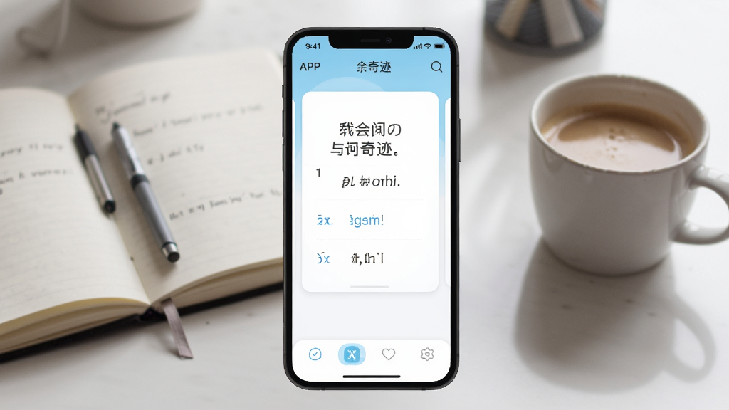 一张展示单词奇迹软件主界面的图片,画面中央是手机屏幕,屏幕内显示单词奇迹APP的单词卡片学习页面,背景为柔和的书桌场景,桌上有笔记本和一杯咖啡,风格清新简约,细节清晰,画质干净,无多余元素