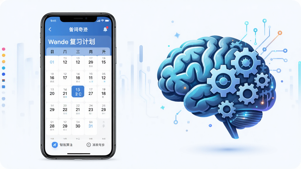 一张单词奇迹智能记忆算法功能展示图,画面左侧为手机屏幕显示单词复习计划日历,右侧为大脑与齿轮结合的抽象图形,象征智能记忆,风格科技感与学习氛围结合,排版干净,画质清晰,无多余元素