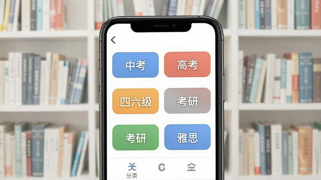 一张单词奇迹词库选择界面图,手机屏幕上显示多个词库分类标签如“中考”“高考”“四六级”“考研”“雅思”等,背景为整齐的书架,风格简洁明亮,画质干净,无多余元素