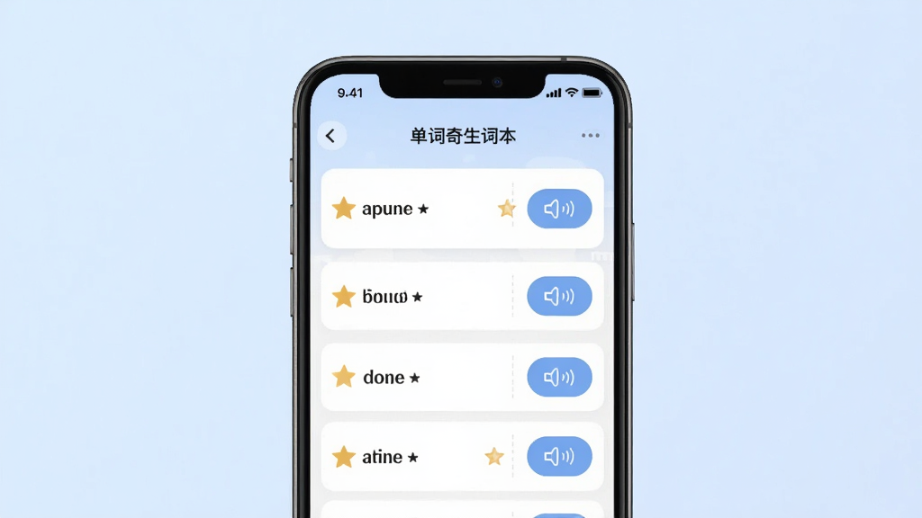 一张单词奇迹生词本功能界面图,手机屏幕显示生词列表,每个单词旁有星标和发音按钮,背景为淡蓝色渐变,风格清新简洁,画质干净,无多余元素
