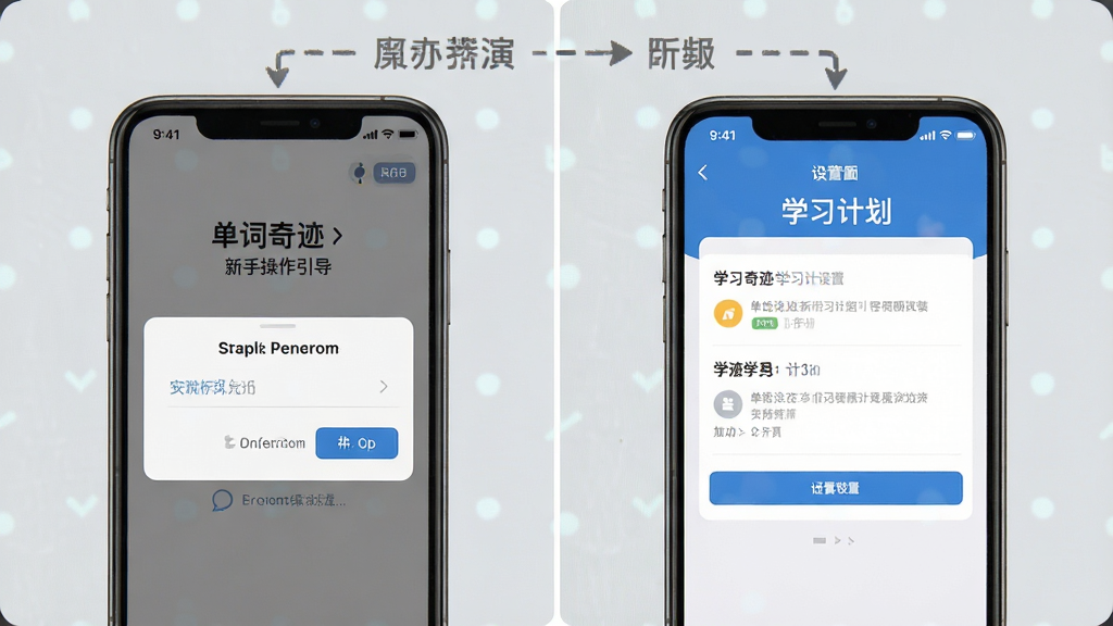 一张单词奇迹新手操作引导图,手机屏幕显示安装权限设置界面与学习计划设置界面并排展示,背景为浅灰色,风格简洁教程风,画质清晰,无多余元素