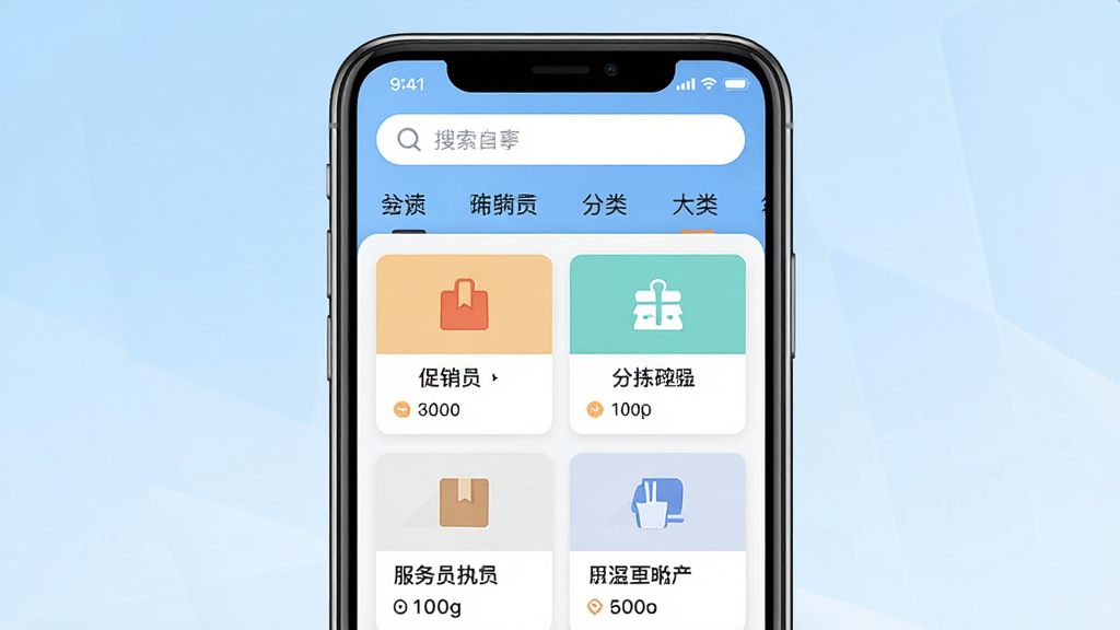 一张手机应用界面展示图,画面中央是一部现代智能手机,手机屏幕上显示零工日结APP的主页,页面顶部有搜索栏和分类标签,下方排列着多个日结兼职岗位卡片,包含促销员、分拣员、服务员等图标,背景为浅蓝色渐变,整体风格简洁明快,画质清晰,干净无多余元素