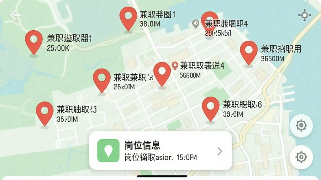 一张手机地图界面截图风格图,地图上散布着多个红色定位标记,每个标记旁标注着兼职岗位名称和距离,底部弹出岗位简要信息卡片,整体色调为浅绿色和白色,界面清爽,画质清晰,无多余元素