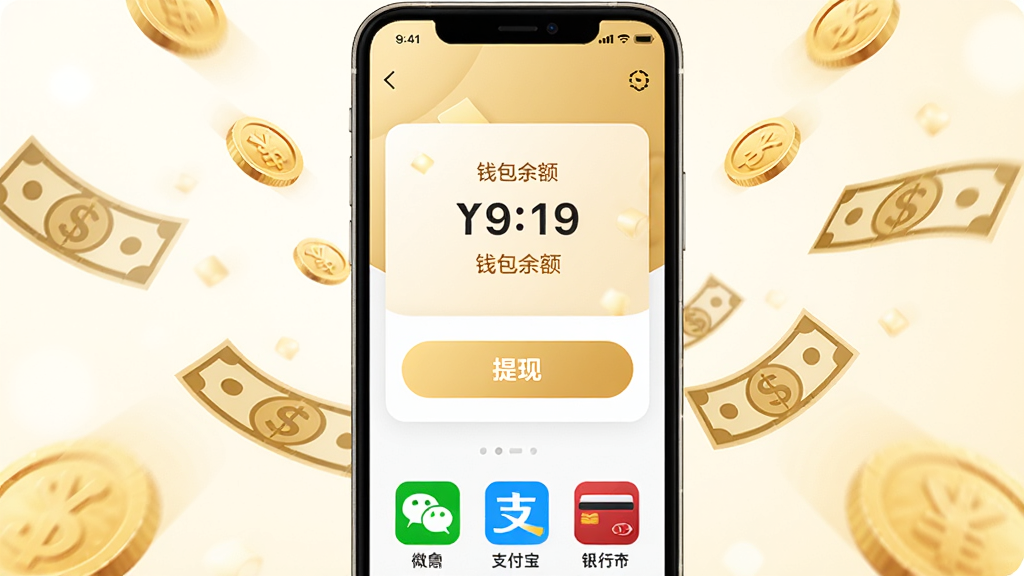 一张手机钱包界面示意图,屏幕中央显示钱包余额和提现按钮,周围有金币和钞票飘落效果,底部有微信、支付宝、银行卡图标,整体色调为金色和白色,风格喜庆明快,画质清晰,无多余元素