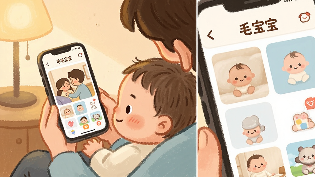 一张亲子互动场景的插画,画面中一位家长抱着宝宝一起看手机,手机屏幕上显示毛宝宝APP的相册和提醒功能界面,布局为左右分栏,左侧为人物场景右侧为APP界面特写,风格为温馨手绘风,细节包括柔和的灯光、笑脸和可爱的图标,画质高清,画面干净,无多余元素,图片中打文字