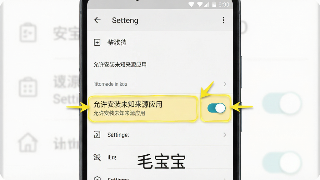 一张手机操作示意图,画面展示安卓手机设置界面中“允许安装未知来源应用”的选项位置,布局为手机屏幕特写居中,排版简洁明了,风格为扁平化UI截图风格,细节包括设置菜单、开关按钮和高亮标注,画质高清,画面干净,无多余元素,图片中打文字