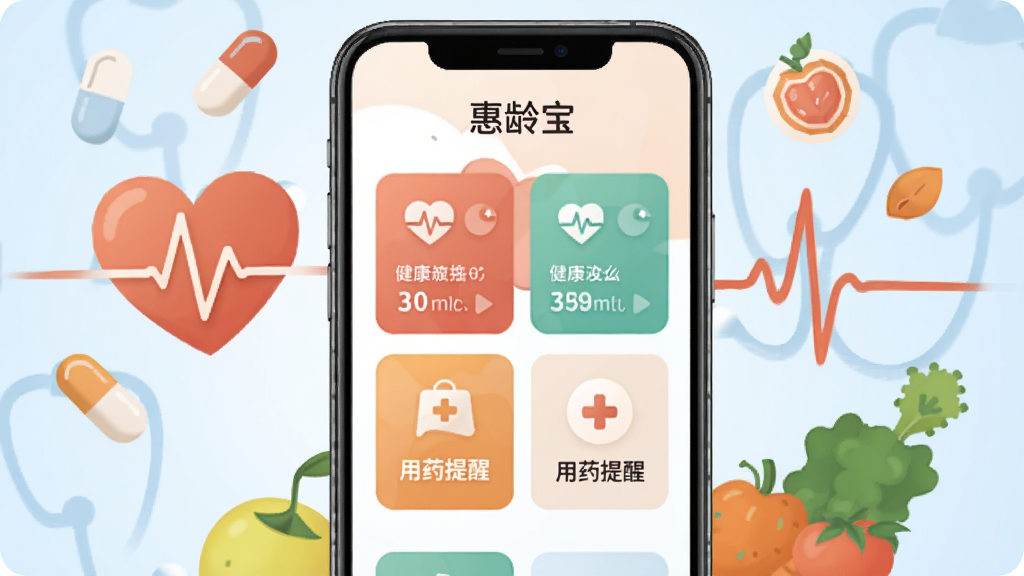 画面中央展示一部智能手机,手机屏幕上显示“惠龄宝”软件的主界面,界面中有健康数据卡片和用药提醒图标。手机周围环绕着心形心电图线条、药丸图标、水果蔬菜等健康元素。背景为柔和的浅蓝色渐变。整体风格为扁平化插画风,色彩清新温暖。画面干净整洁,无多余装饰元素,高清画质,适合软件下载页面展示。