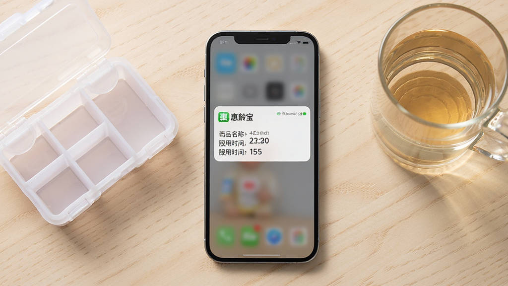 画面展示一部手机屏幕弹出“惠龄宝”用药提醒通知,通知内容显示药品名称和服用时间。手机旁边放着一个分格药盒和一杯温水。背景为浅色木质桌面,整体风格简洁明快,色调清爽。画面中文字清晰可读,构图居中,干净无干扰元素,高清画质,适合功能演示场景。