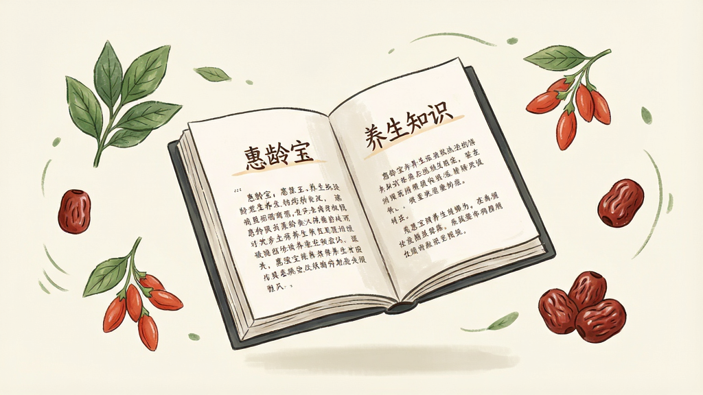 画面中一本翻开的电子书悬浮在空中,书页上显示“惠龄宝”养生知识文章标题,周围环绕着绿叶、枸杞、红枣等养生食材的插画元素。背景为淡雅的米白色,整体风格为清新手绘风,色调自然柔和。画面布局均衡,文字清晰,干净整洁,高清画质,适合知识科普类内容配图。