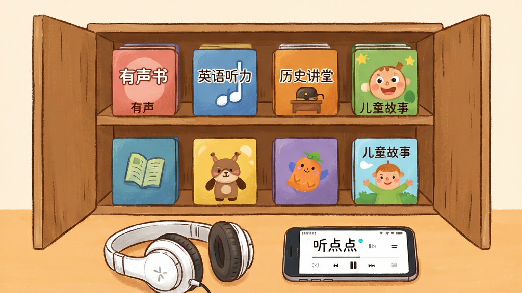 画面主体是一个打开的虚拟音频书架,书架上排列着不同颜色的音频专辑封面,封面分别标注“有声书”“英语听力”“历史讲堂”“儿童故事”等字样。书架前方放置一副白色耳机和一部手机,手机屏幕显示“听点点”播放界面。布局采用中心构图,书架占画面主体,耳机和手机在下方。风格为温暖手绘插画,细节丰富,画质干净,无多余元素,高清。
