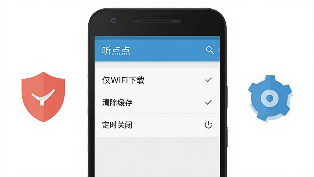 画面展示一部安卓手机屏幕,显示“听点点”的设置界面,界面中有“仅WiFi下载”“清除缓存”“定时关闭”等选项,旁边有一个红色盾牌图标表示安全提示,一个蓝色齿轮图标表示优化设置。布局以手机界面为主体,图标在两侧。风格为简洁扁平UI插画,细节清晰,画质干净,无多余元素,高清。